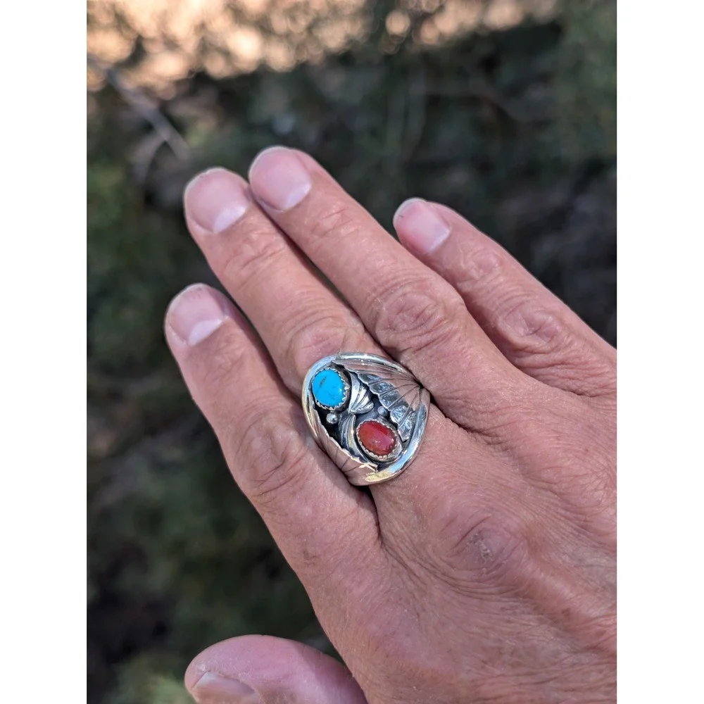 Navajo Men's Ring Sterling Turquoise Coral by J. Begay 13.5 Southwest Artisan*** - Picture 9 of 9